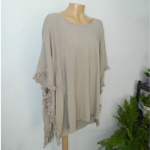 kye Mi Poncho Top Womens Large Tan Fringe Crochet Ladder Stitch Boho Oversized